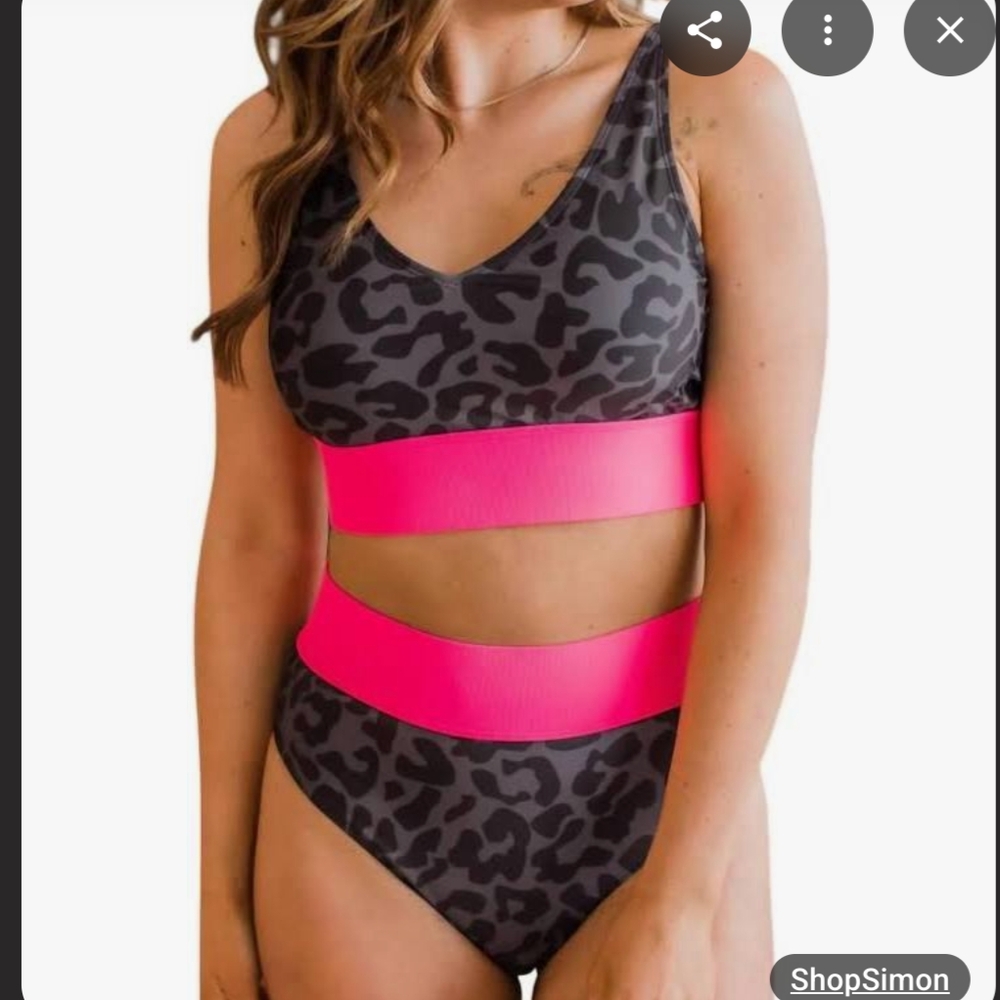 Leopard Print Swim Set with Pink Accents